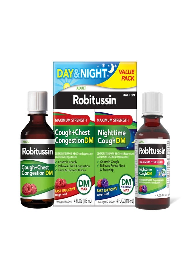 Robitussin Maximum Strength Cough + Chest Congestion DM And Maximum Strength Nighttime Cough DM, Cough Medicine For Adults, Berry Flavor - 4 Fl Oz Bottles (Pack of 2) - Image 1